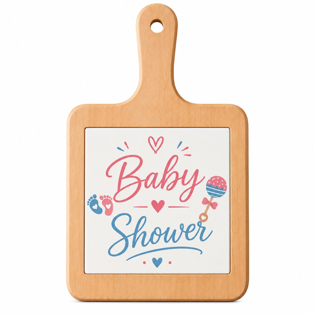 Houten Kaasplank met Tegel 15 x 15 cm – Baby Shower met Babyvoetjes