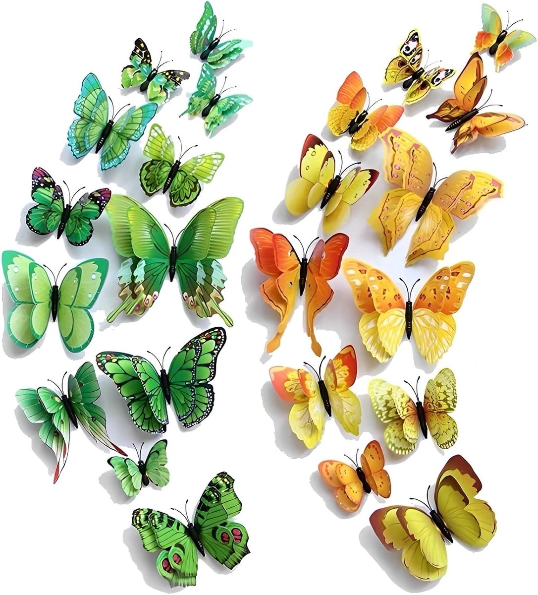 Wandstickers 3D Vlinders - Geel en Groen - Dubbele Vleugels - Decoratie voor Wanden en Meubels - Luxento