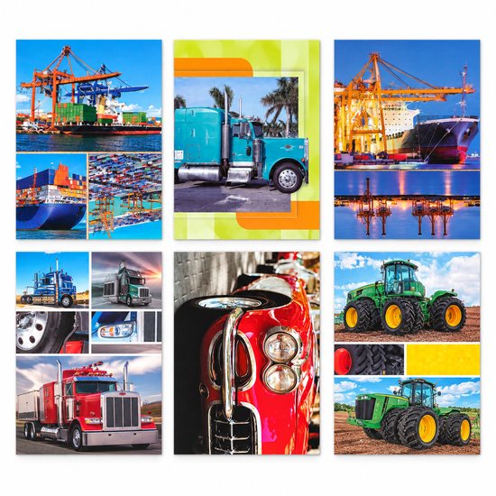 Collage met vrachtwagens, tractoren, schepen in een haven en een rode auto.