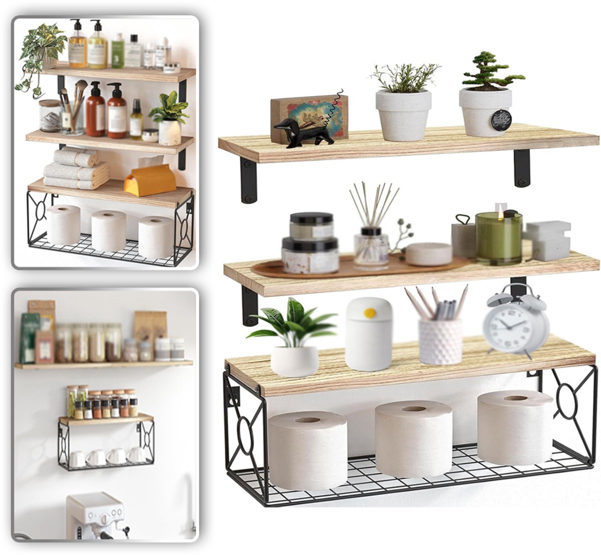 3 Zwevende Wandplanken Met Opbergmand – 100% Paulownia Hout, Eenvoudig Te Installeren – Voor Badkamer, Keuken, Slaapkamer En Woonkamer – Onmisbaar In Studentenkamers – Natuurlijke Houtkleur