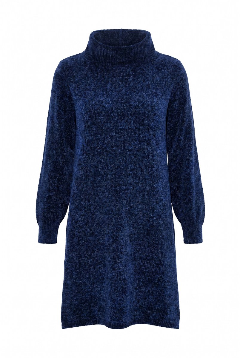 Ulla Popken - Dames - Gebreide jurk chenille A-lijn col lange mouwen - Marine - Maat 62+