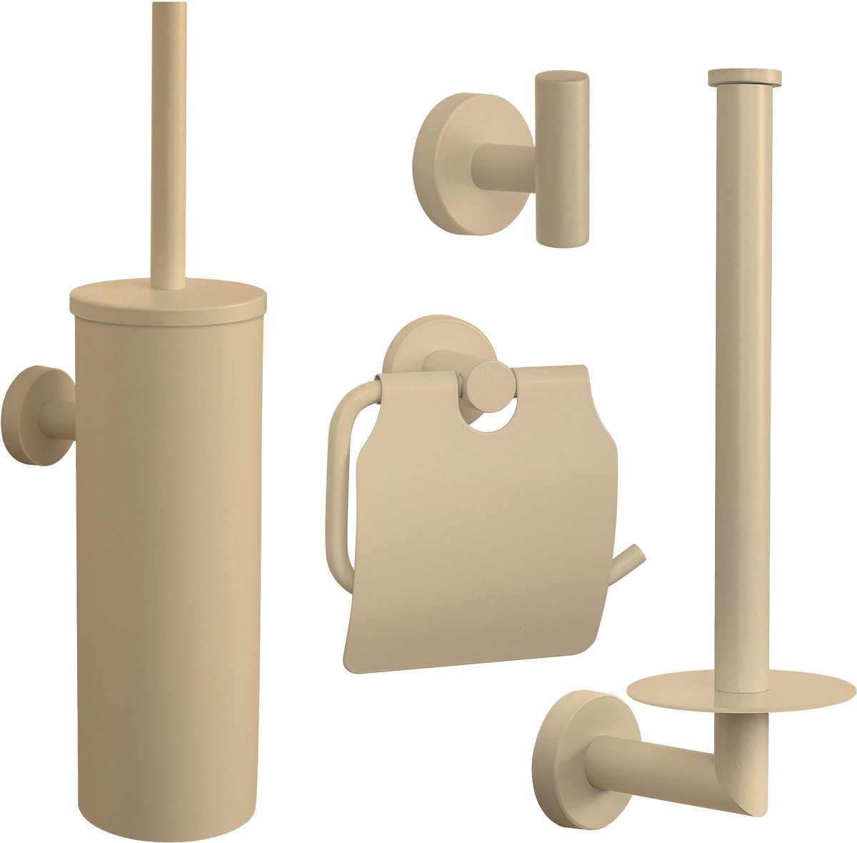 VDN Stainless Toiletaccessoireset beige 4-delig - RVS - Toiletborstelhouder - Toiletrolhouder met klep - Handdoekhaakje - Reserverolhouder
