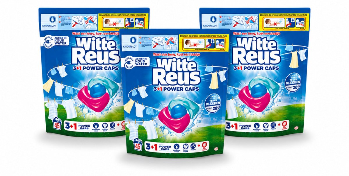 3 x Witte Reus - 3+1 Power Caps - Witte Was - 45 Wasbeurten - Voordeelverpakking - 3 stuks