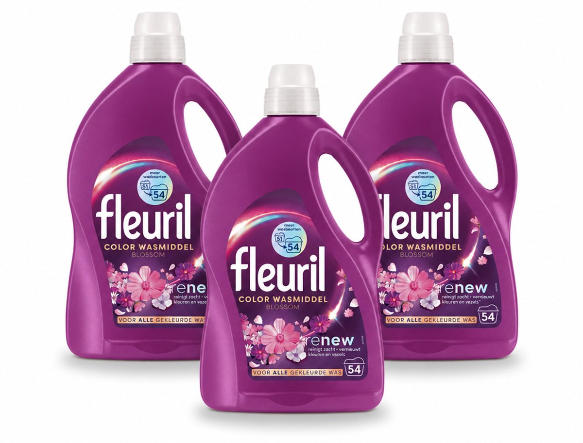 3 x Fleuril - Wasmiddel - Color Blossom Vloeibaar Wasmiddel - Kleurbehoud & Bloemige Geur - 54 wasbeurten - Voordeelverpakking - 3 stuks