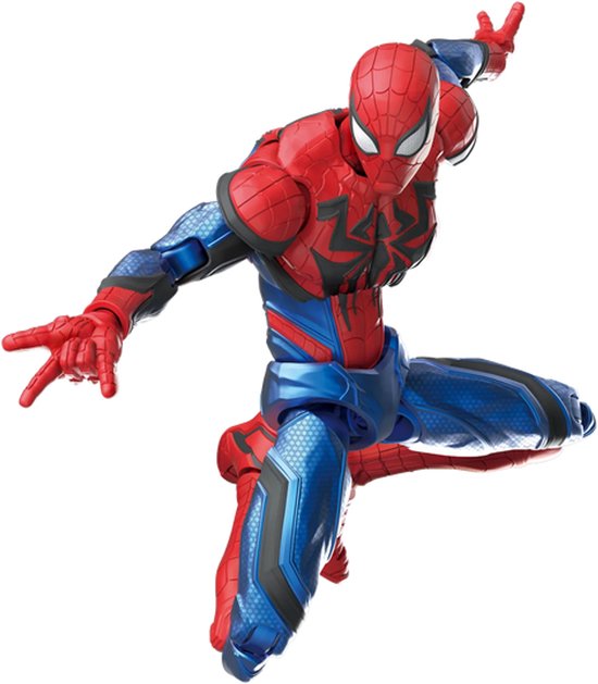 Figurine Spider-Man en position de saut, avec armure rouge et bleue détaillée et main tendue.
