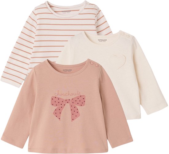 Set van 3 baby longsleeve shirts: gestreept, crème met hartje, en roze met strik.