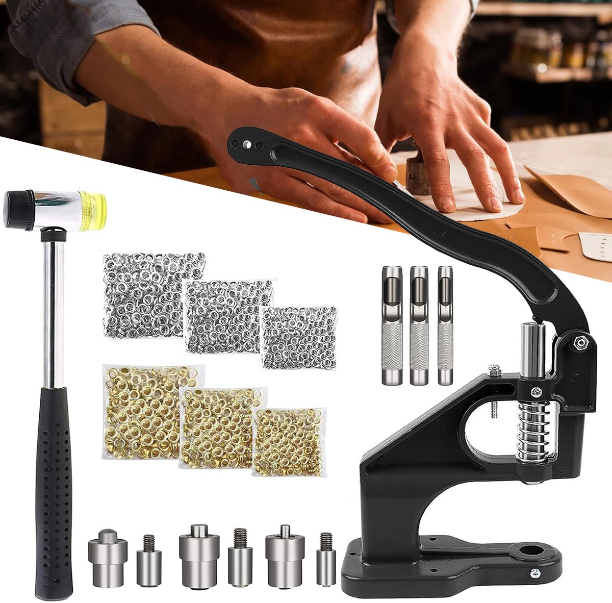 Handpers-Oogjesmachine - Oogjespers - Handpersgereedschap Voor Zeilringen En Klinknagels - Met Rubberen Hamer 3 Ponsen