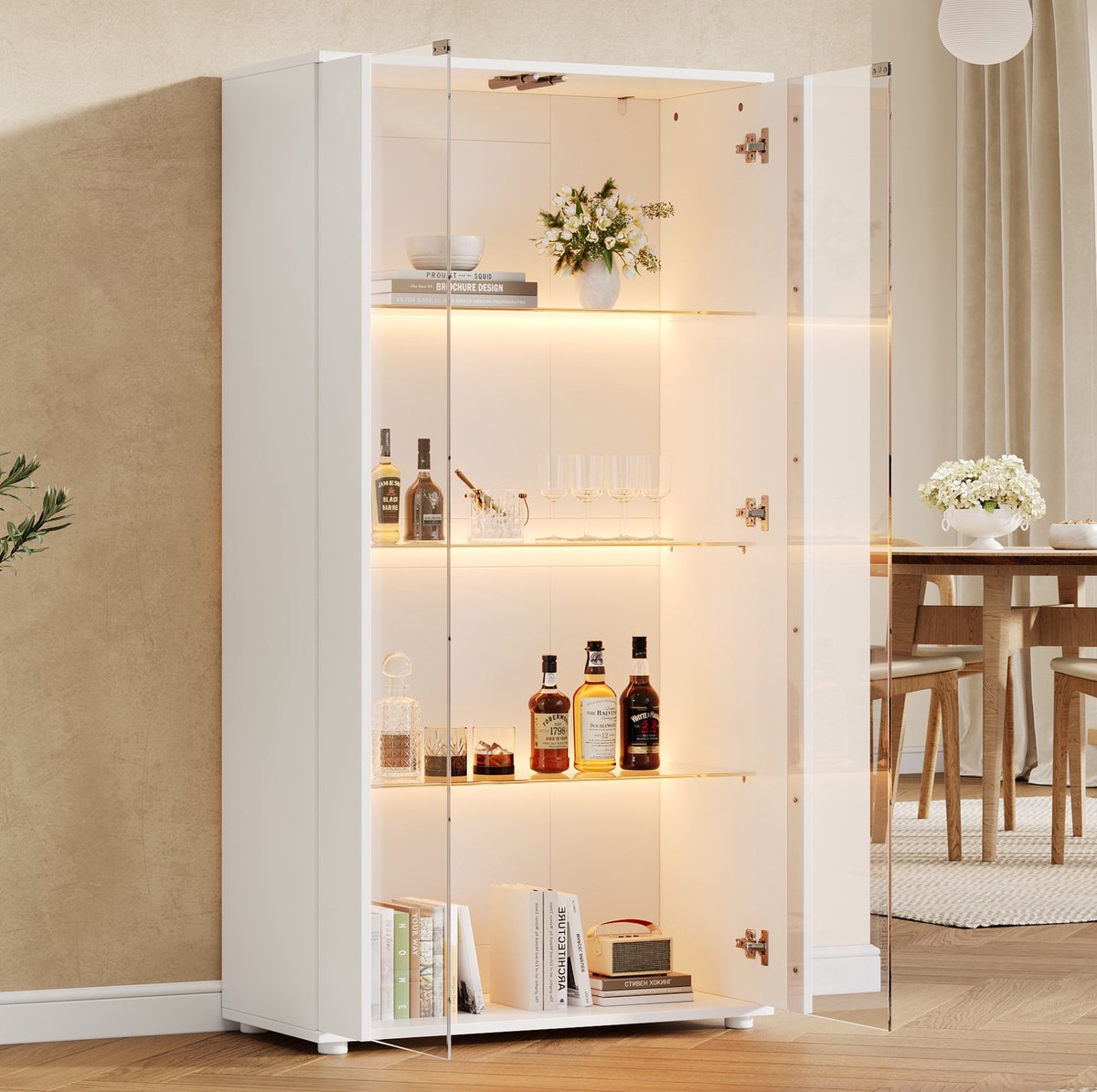 REDOM Vitrinekast - 2 glazen deuren - 4 planken - Verstelbare LED-verlichting - Modern design - Woonkamer - Spaanplaat en glas - Wit - 80 x 36 x 150,5 cm