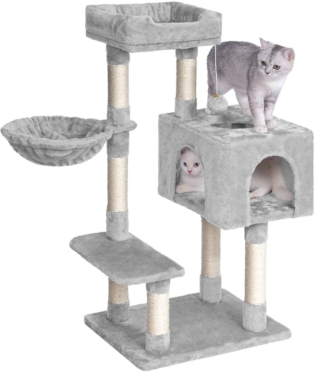 MokoHub Krabpaal 100cm - 7 Kolommen - Kattenhuis & Hangmat - Kantelbeveiliging - 50x40x100 cm - Lichtgrijs