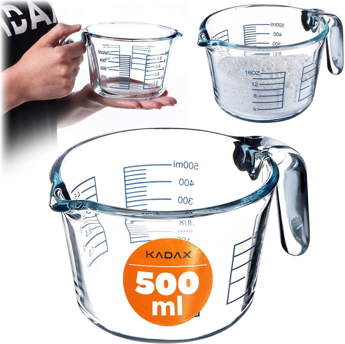 KADAX Glazen maatbeker met ergonomische handgreep, duurzaam maatvat voor vloeibare en poederige producten, maatbeker voor bakken en koken (0,5 liter)