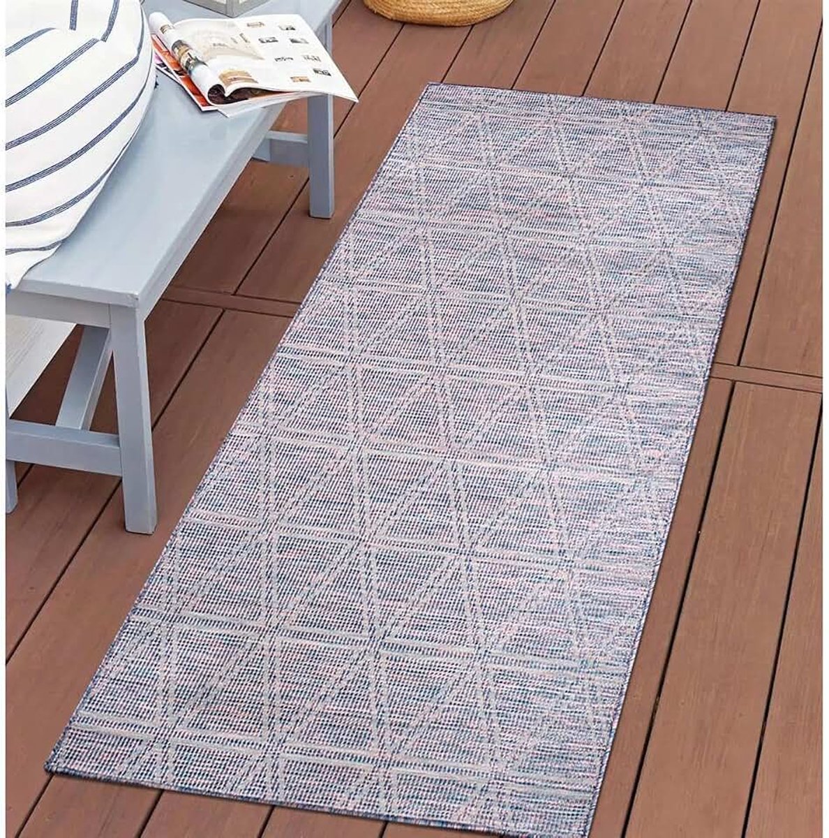 Carpet city Outdoor tapijt, terras, weerbestendig, 80 x 150 cm, balkontapijt, blauw-roze, geometrisch patroon, voor binnen en buiten, voor veranda, tuin, keuken, badkamer of woonkamer