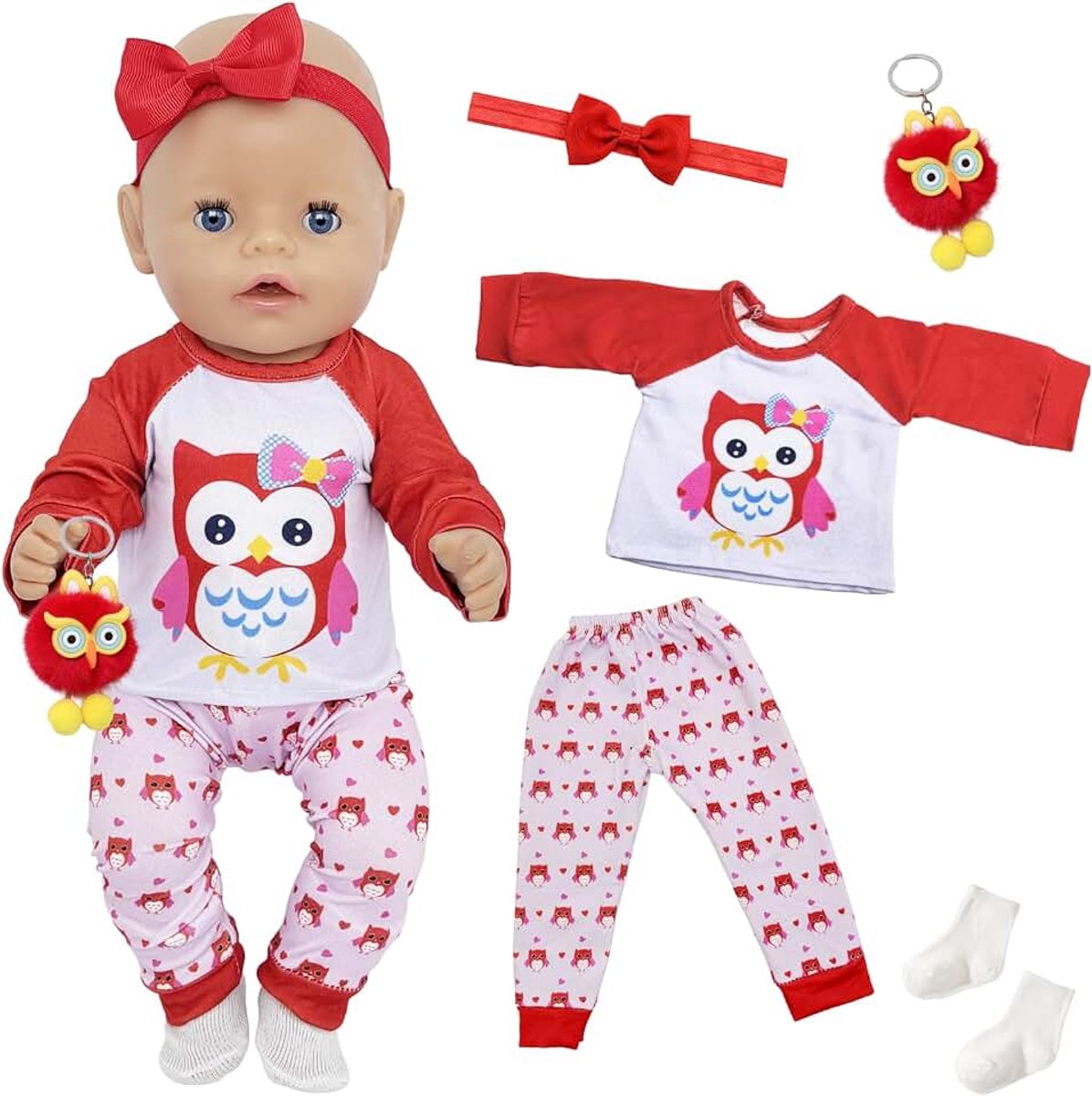 5 stuks poppenkleding voor baby's van 35-18 inch, schattige babykleding, outfits met uilentop + shorts + hanger + haarband + sokken 35 cm, 43 cm, nieuwe babypoppenkleding voor meisjesverjaardag