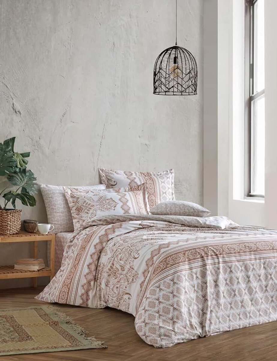 Cover-set (200 x 200 cm), 100% katoen, bruin/beige/wit, inclusief 2 kussenslopen (80 x 80 cm), zacht, duurzaam, stijlvol beddengoed