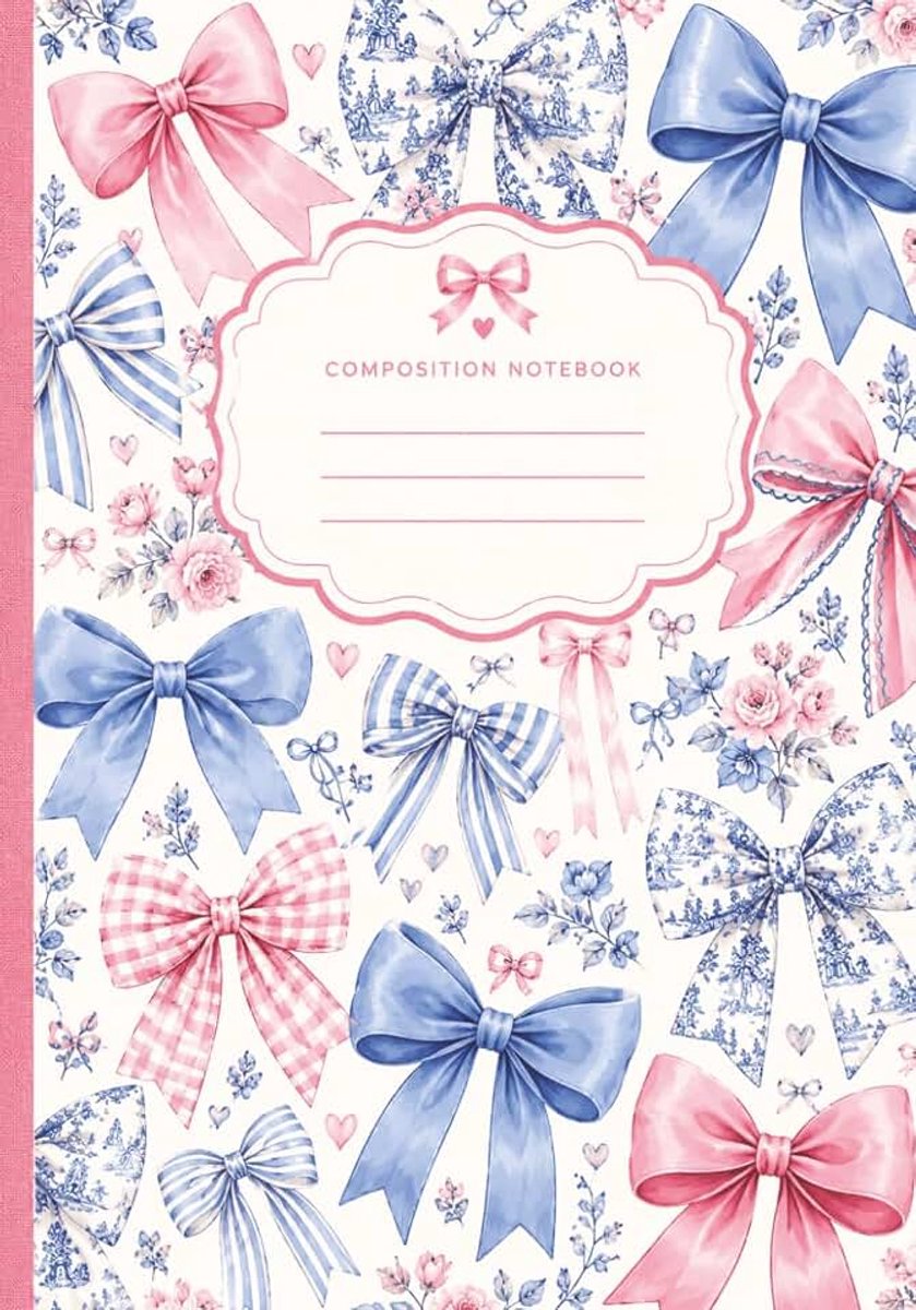 Coquette Style Composition Notebook Blue and Pink Bows: Wide Ruled Journal for Girls, Teens, Women, and Anyone Who Loves Pretty, Pastel Aesthetic