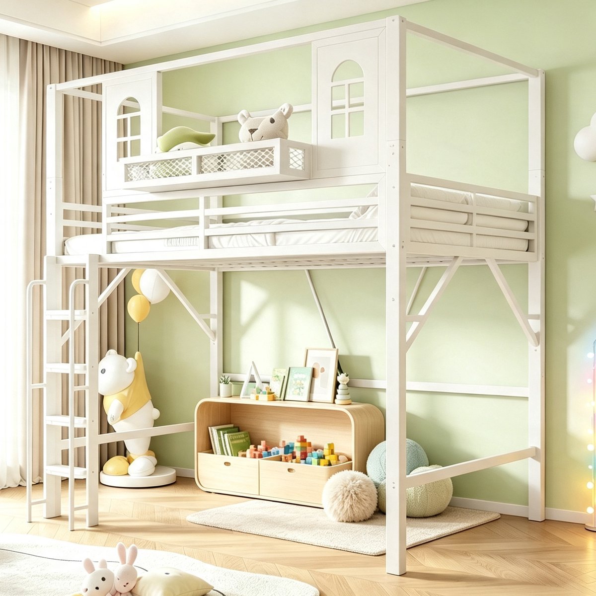 Zubaliya Kinderhoogslaper 90 x 200 cm met dakdesign, metaal stapelbed met veiligheidsladder, speelruimte met venster, opbergvak, multifunctionele hoogslaper voor kinder- en tienerkamer wit