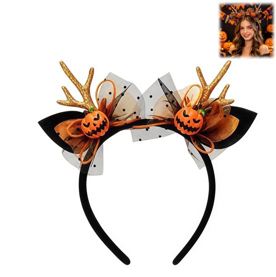 Zwarte diadeem met gouden hertengewei, pompoenen, oranje en zwarte strikken met stippen.