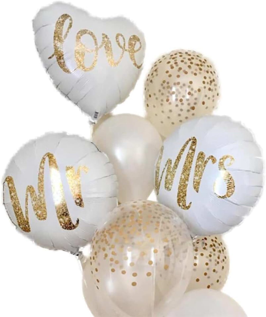 Mrs Luchtballonset | Ballonset bruiloft | hartballon decoratie burgerlijke stand | trouwdecoratie | bruid | bruidegom | witte ballonnen | bruiloftsballonnen | heliumballon | latexballon |