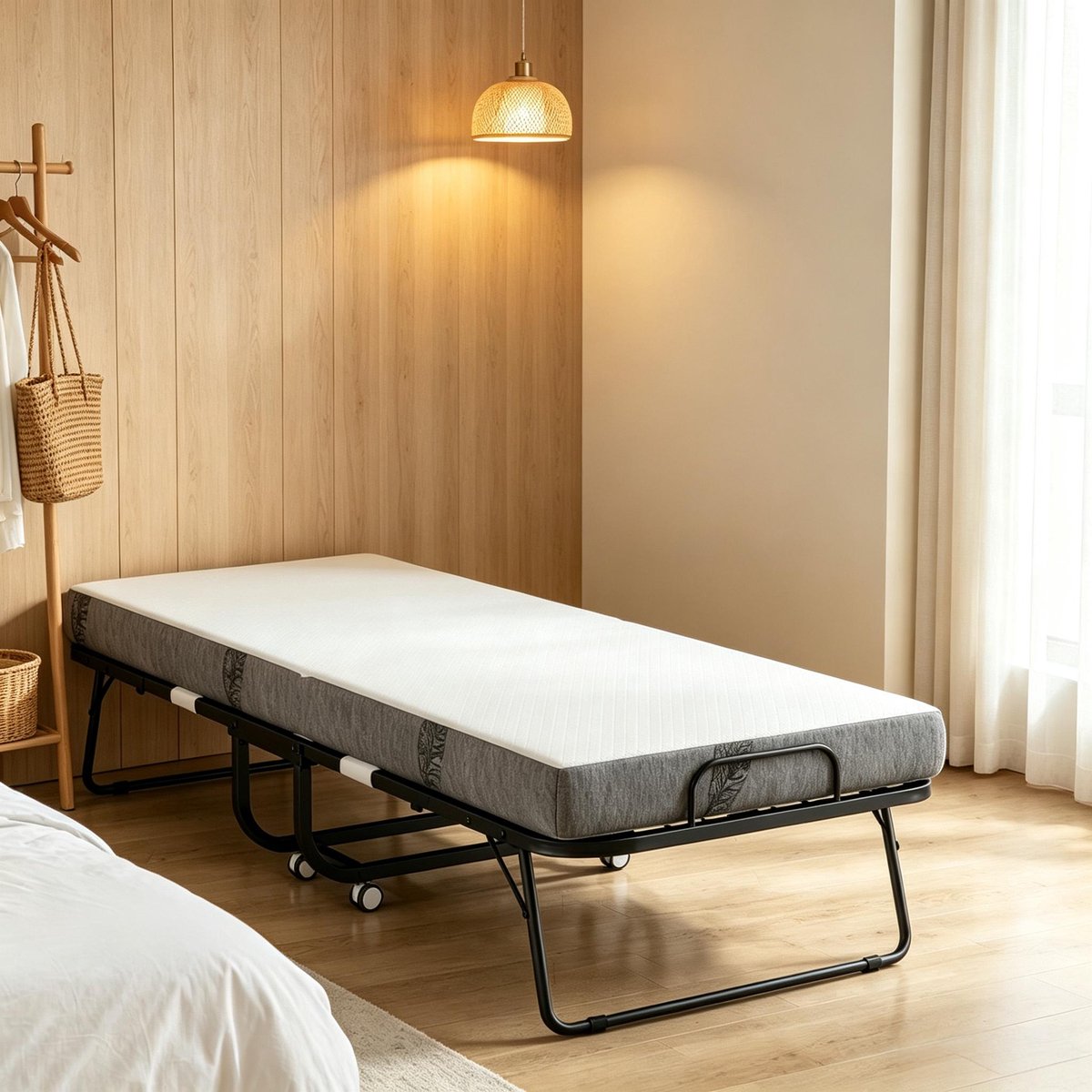 Kinderbed, Opklapbed voor één persoon 200 × 80 cm met matras, draagbaar logeerbed met wielen, stalen frame (alleen met 1 stuks opklapbed)