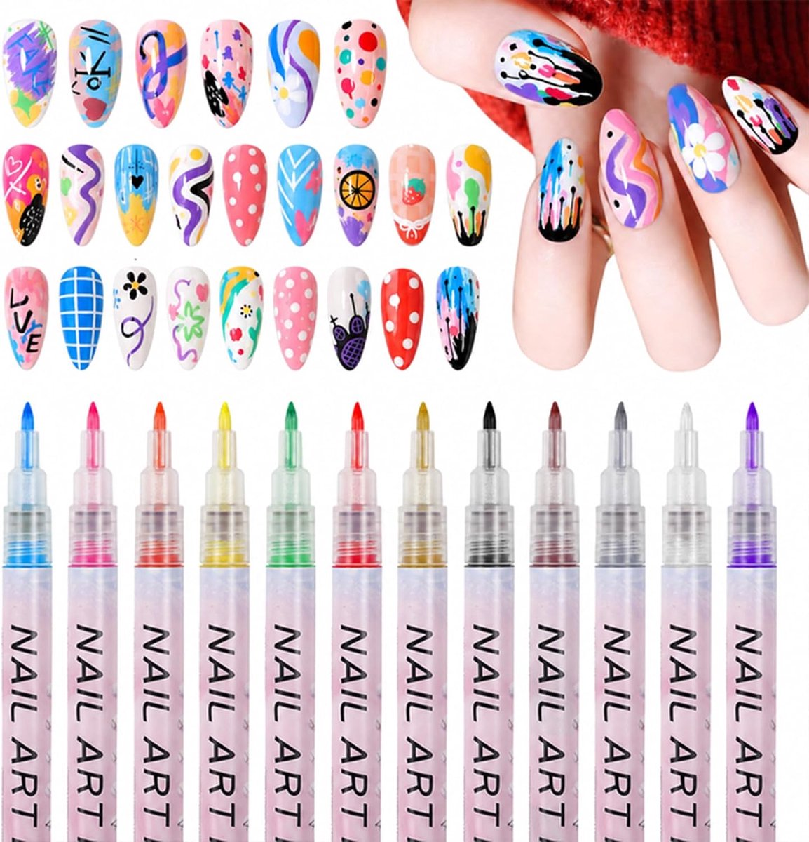 12 Kleuren 3D-nagellakstiftenset, 0.7mm Nagelkunststift voor Doe-het-zelf Nagelkunst, Beauty, Versiering, Manicuretool, Graffiti Stippenstift
