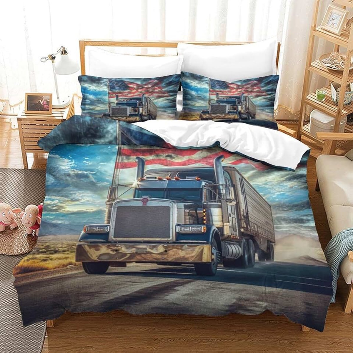Dekbedset met 3D-print, grote vrachtwagen, zachte microvezel, dekbedovertrek met kussensloop, voor kinderen, jongens, tieners, jongeren, eenpersoons (140 x 200 cm)