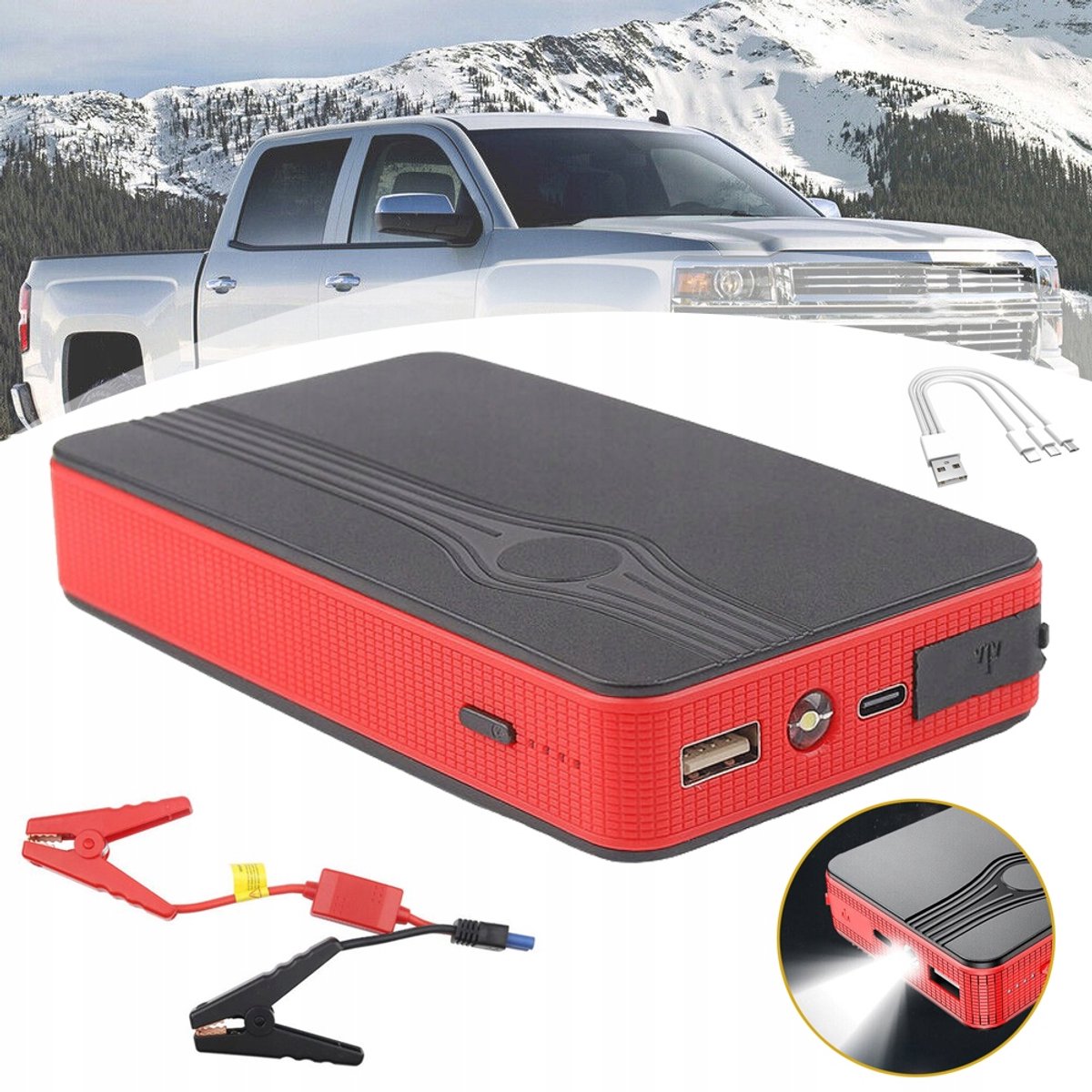 Auto-Jumpstarter 30.000 mAh Met Ledlamp En Slimme Klemmen – 400A Piek / 200A Startstroom 5V/2A USB-Uitgang Beveiliging Tegen Overstroom En Kortsluiting – Voor Noodstarts – Zwart
