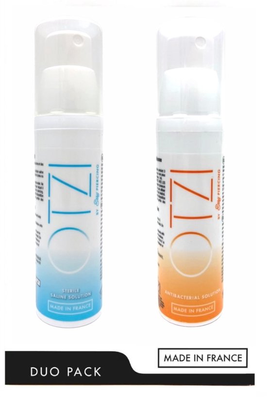 Duopack met twee Easypiercing Otzi flacons: één blauwe steriele zoutoplossing en één oranje antibacteriële oplossing, beide 50ml.