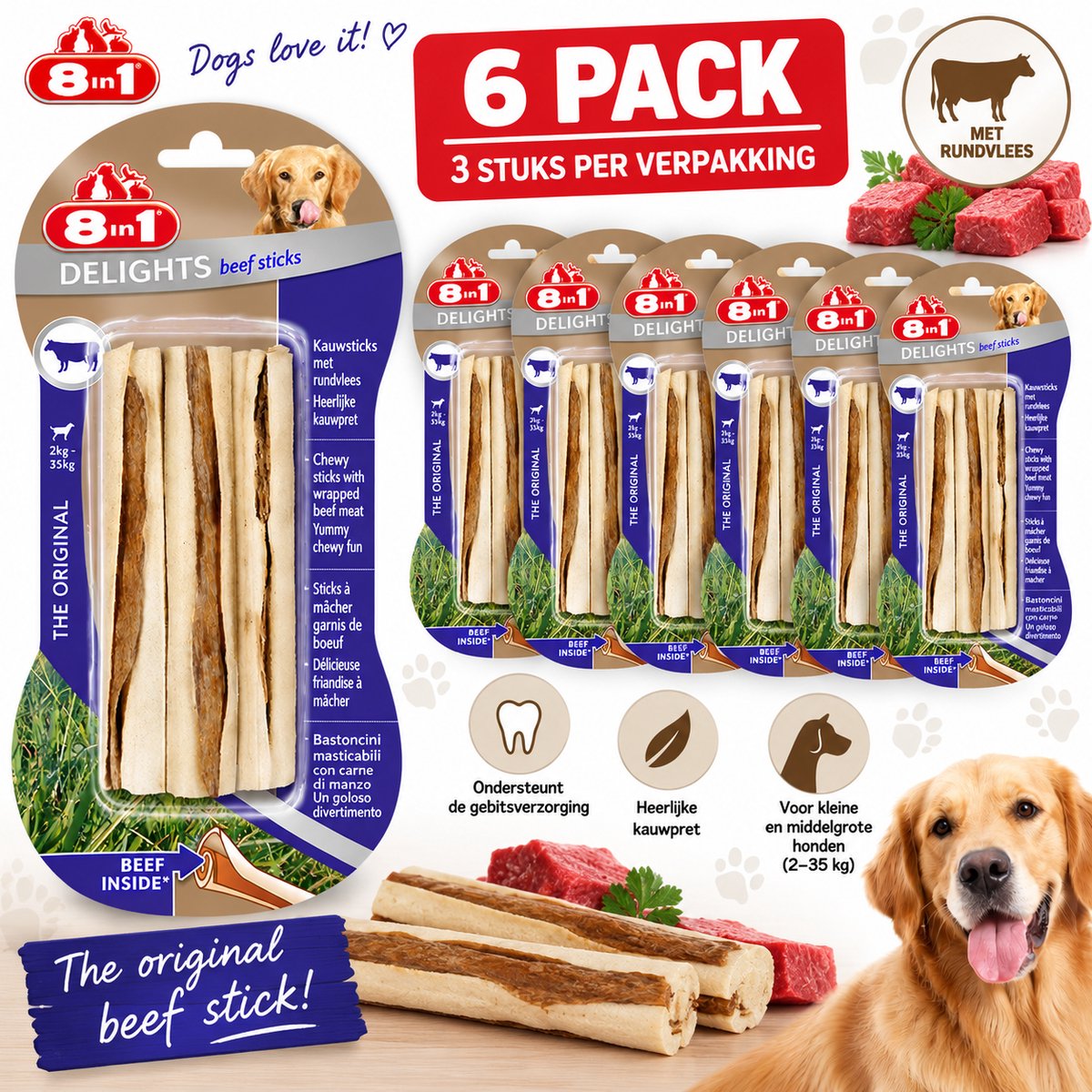 8in1 Delights Beef Sticks – 6 Pack – 18 Kauwsticks – Met Rundvlees – Hondensnacks – Voor Langdurig Kauwplezier