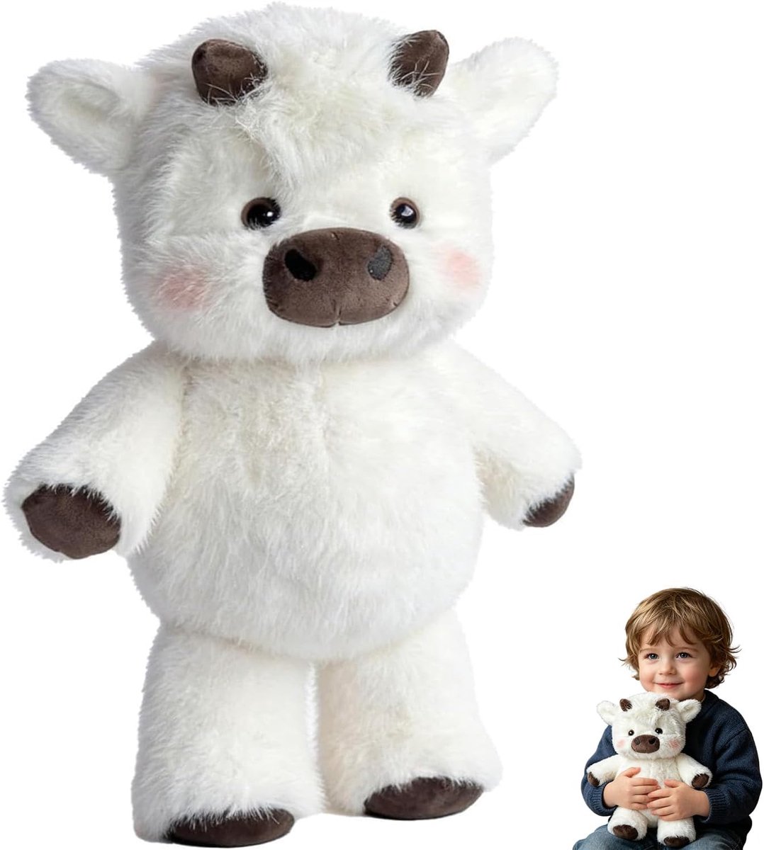 45 cm hooglandkoe pluche dier, zacht Kawaii koe knuffeldier, schattig pluche dier koe, knuffeldier voor kinderen, verjaardagscadeau, boerderijdier, pluche pop (wit)