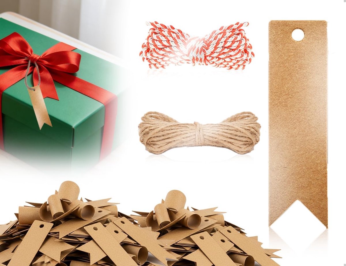 100 stuks kleine hangers van kraftpapier, papieren etiketten met jute koord, hangers om te beschrijven, gebruikt voor bruiloft, feestkleding, sieraden, knutselwerk (kraft)