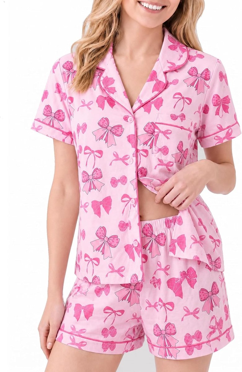 Pyjama voor dames met korte mouwen, zomerpyjama, 2-delige set, slaapnacht, lounge, knoopsluiting, ontspanningskleding voor strand, vakantie, huis, lounge, XS-L