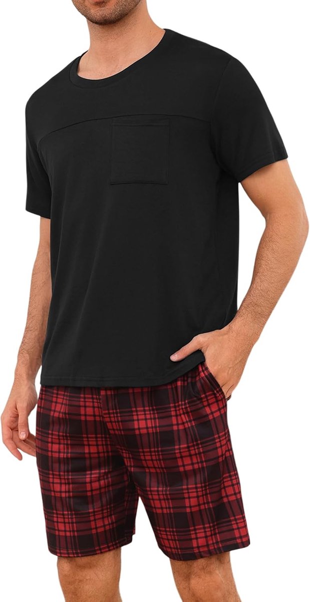 pyjama voor heren, van katoen met contrasterende strepen, zomerpyjamaset, bovendeel en korte broek, vader en partner, groen, L