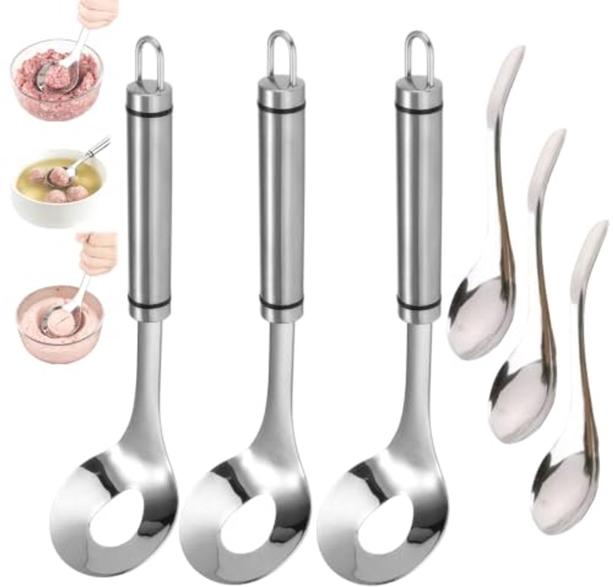 RVS Gehaktbal Maker - Gehaktbal Lepel Set - Roestvrijstalen Gehaktbal Vormer met Gaatjes - Lange Steel Handige Keuken Tool - Geschikt voor Vleesballen, Garnalen, Groenteballen, Rijstballen-Ophanghaak - Eenvoudig in Gebruik en Schoon te Maken