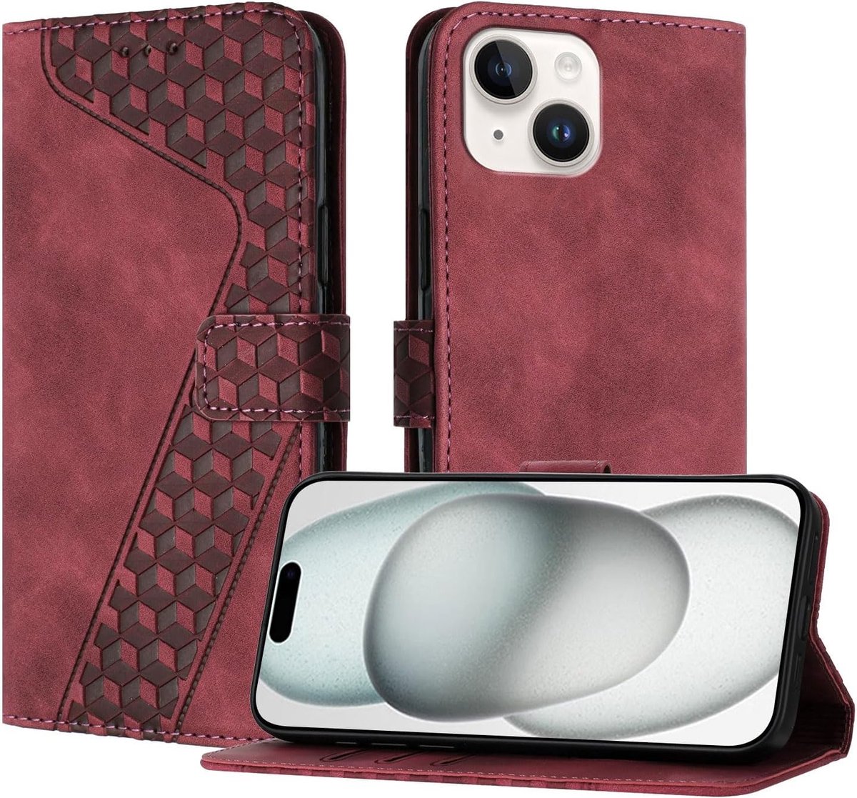 Hoesje voor iPhone 15, Telefoonhoesje Hoes Leer met Pasjeshouder, schokbestendig Wallet Case voor iPhone 15 (rood)