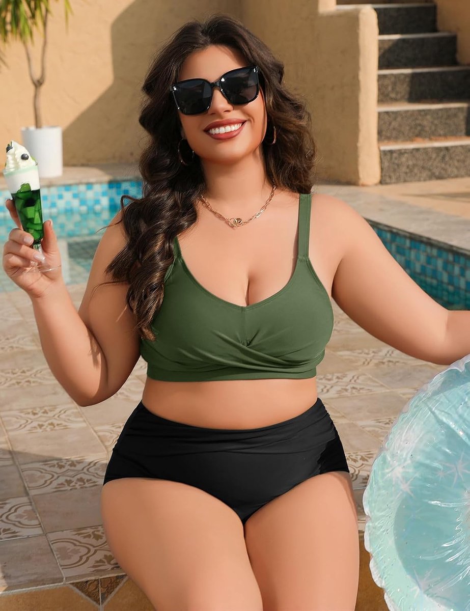 Heekpek Dames zwemkleding plus size V-hals buikcontrole badpak 2-delig twist front hoge taille bikini set plus size badmode