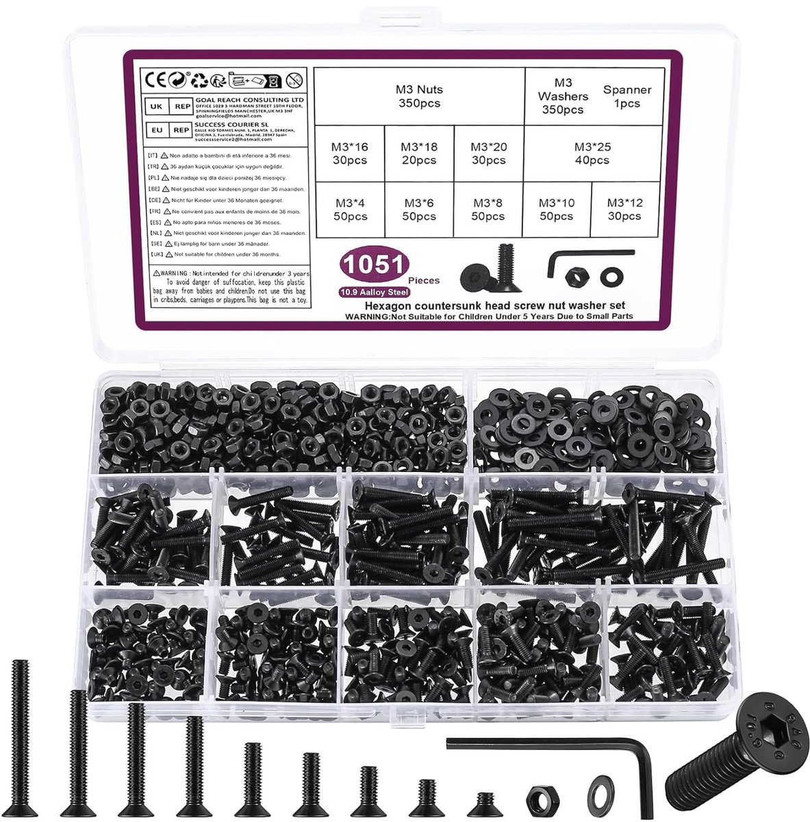 1051 stuks M3 schroevenset, M3 verzonken schroevenset, platkop binnenzeskant schroeven moerenset, machineschroeven met moeren en ringen set zwart, schroefdraad schroeven en moeren set
