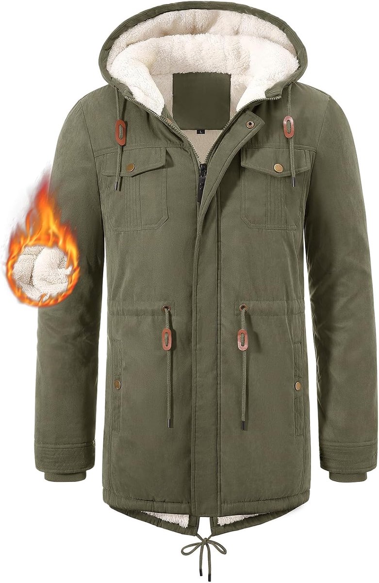 Winterjas voor heren, fleece gevoerd, winterparka met capuchon, warm, winddicht, lange jas, heren, winter, outdoor, parka, jas