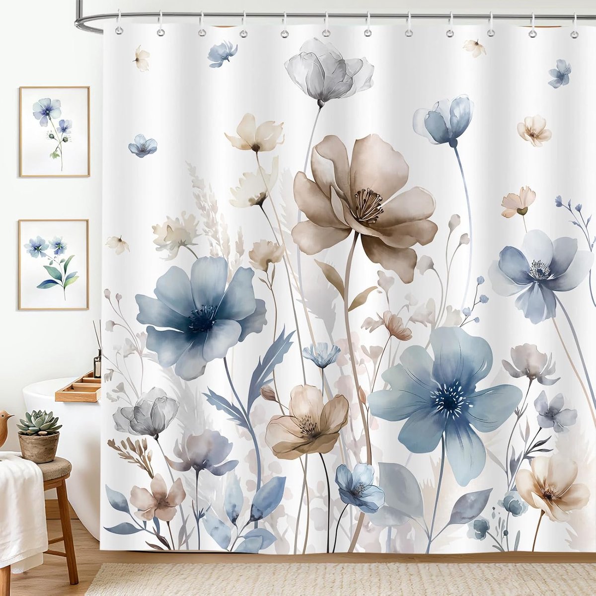 Douchegordijn, 180 x 200 cm, aquarel, bloemen, blauw/bruin, boho, lente, badgordijnen, polyester, waterdicht, voor badkamer, machinewasbaar, met 12 haken