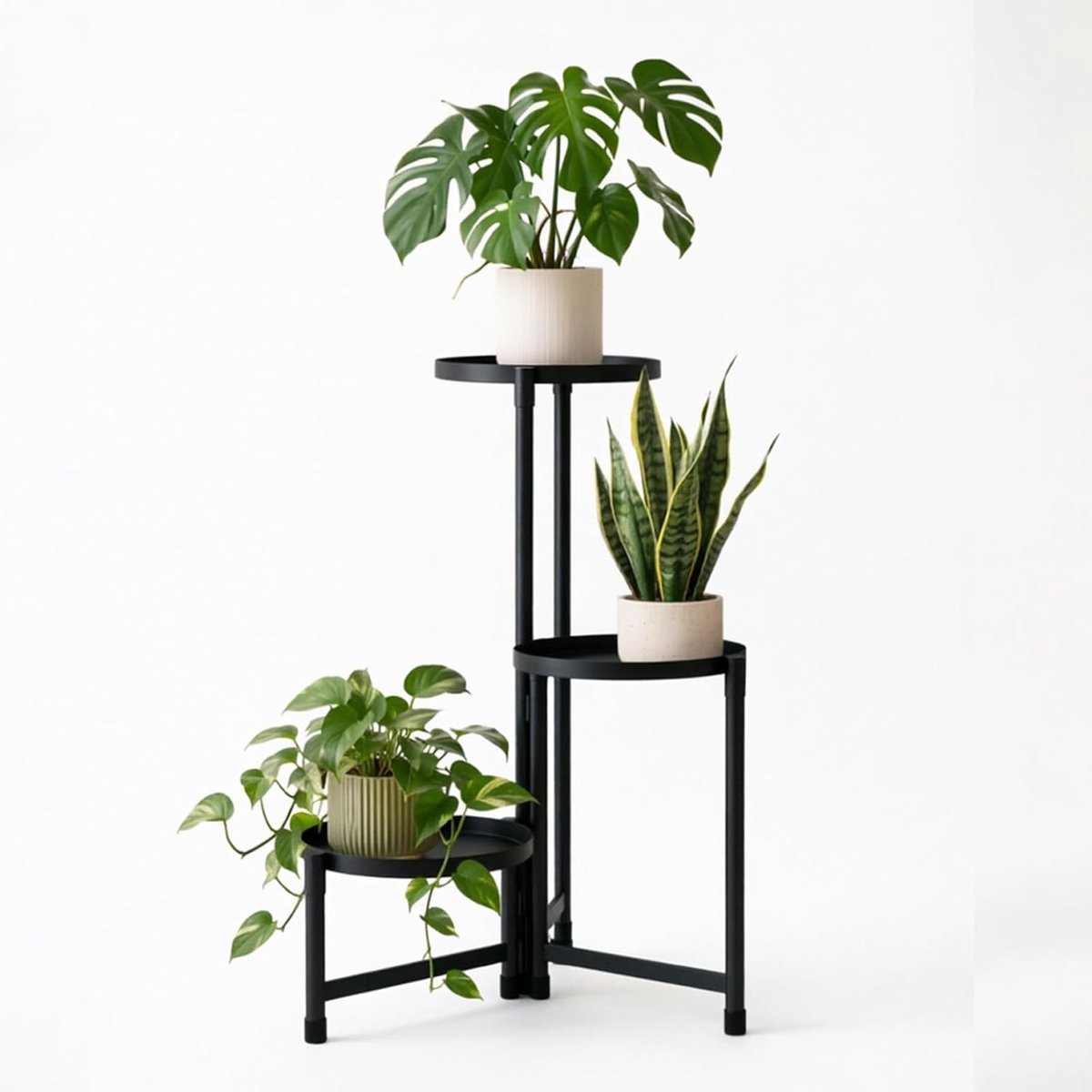 3 treden metalen plantenstandaard voor binnen en buiten, hoekbloementrap met 25,4 cm brede dienblad, bloemenrek, plantentafel, ijzeren rek, decoratief staand rek voor woonkamer, kantoor