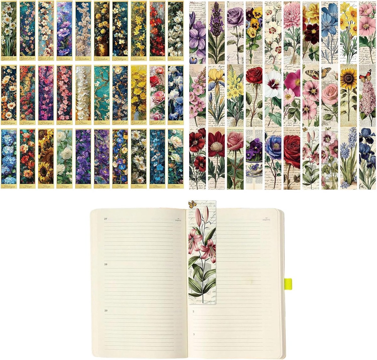 Bladwijzers van papier, bloemen, 60 stuks, 15 x 4 cm, vintage boekaccessoires, bladwijzers met bloementhema, geschenken voor boekliefhebbers, leraren en studenten