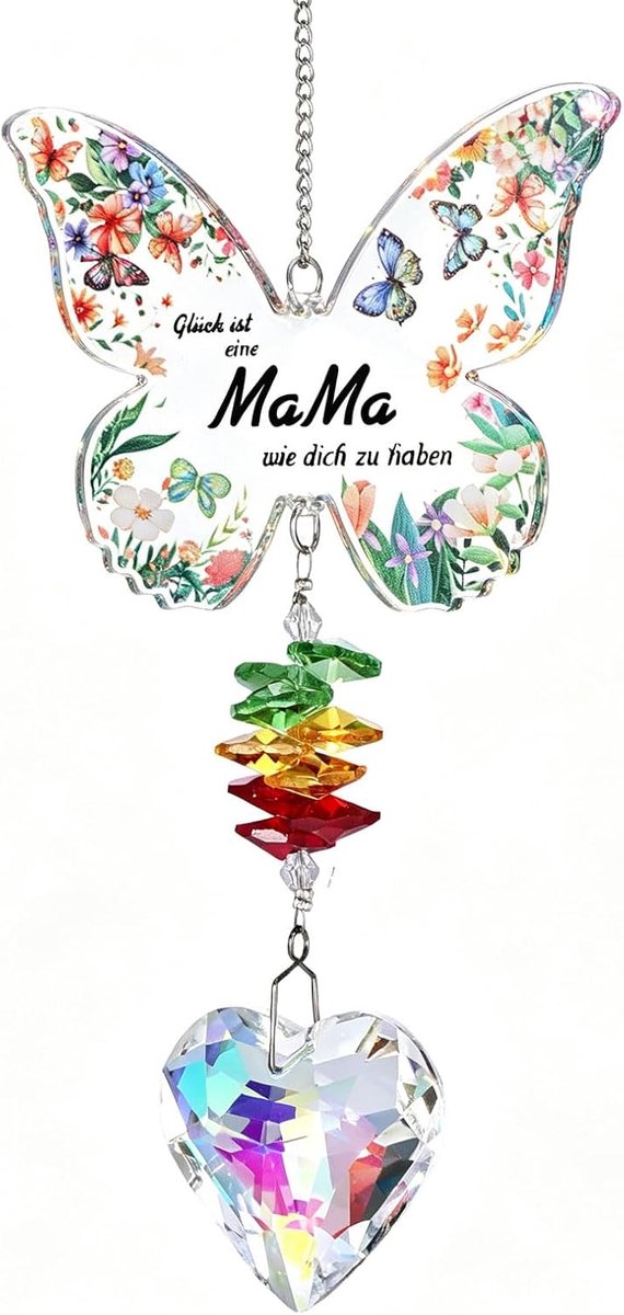Cadeau zonnevanger, kristal, vlinder, raamdecoratie met harthanger, cadeaus voor mama, verjaardag, geluksbrenger, raamdecoratie, Moederdagcadeau voor mama