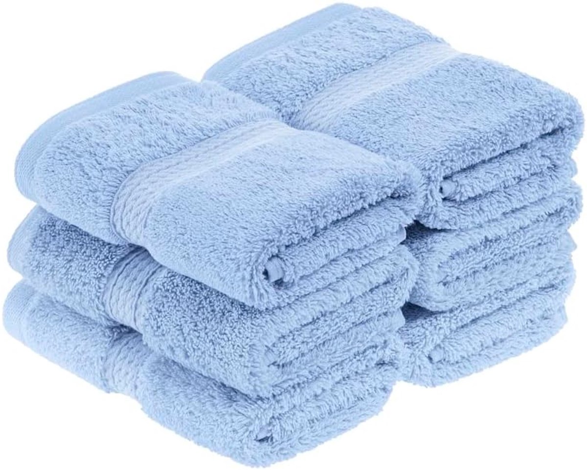 Egyptische katoenen handdoek/washandje, set van 6, ultrazachte luxe handdoeken, dikke pluche benodigdheden, absorberend zwaargewicht, gastenbad, hotel, spa, badkamer, douche, lichtblauw