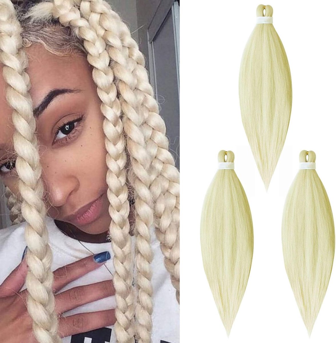Braiding Hair 3 stuks Voorgestreken vlecht haar haarextensions Yaki EZ Voorgestreken vlecht haar kunsthaar haarverlengingen haardeel, Gebleekt blond