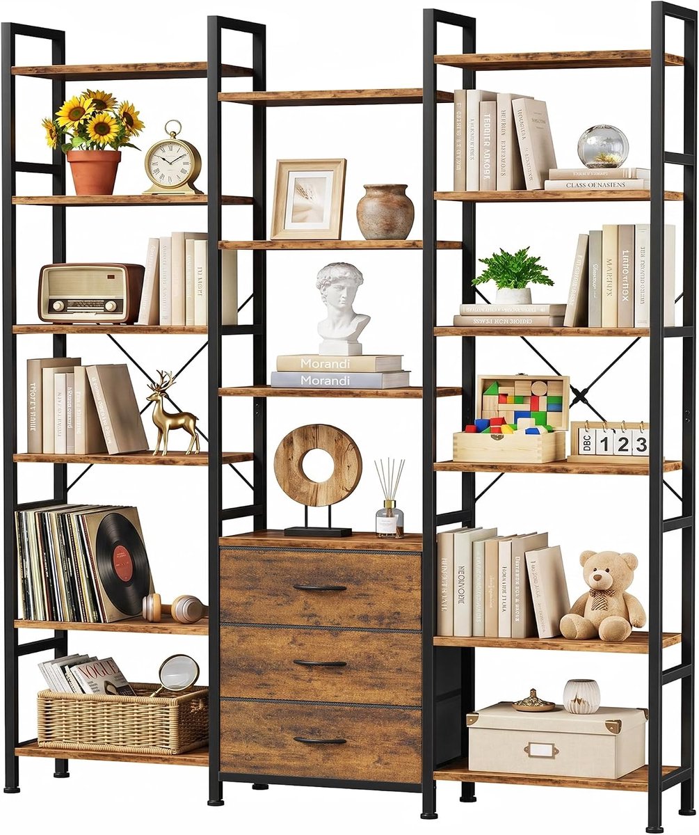 Boekenkast 120Wx190H cm, 6-Laags, 3 Stoffen Lades, Rustiek hout