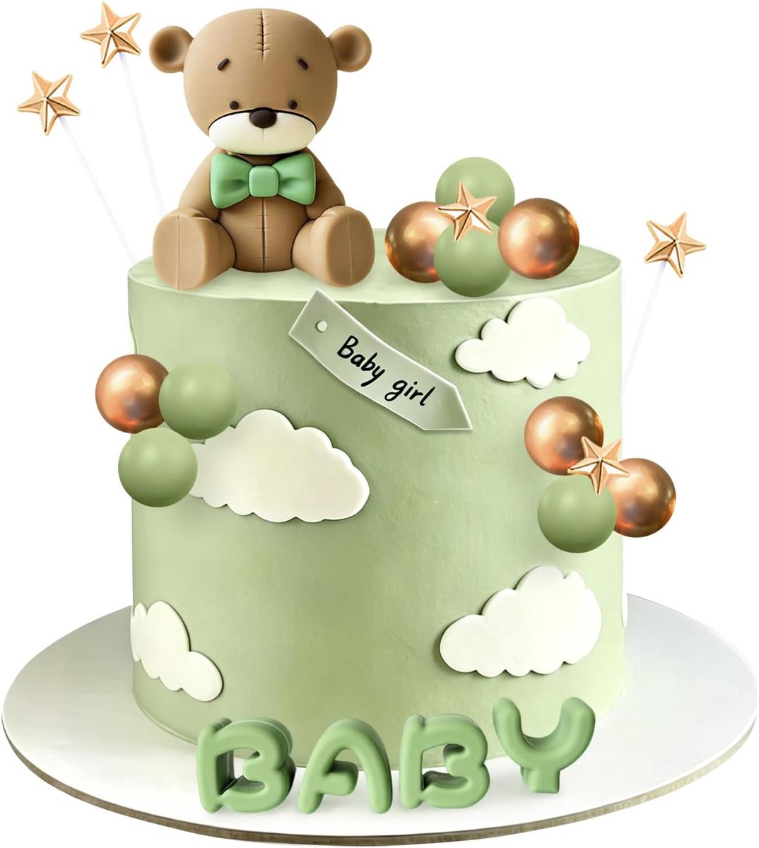 Beer, 20 stuks, taartdecoratie voor verjaardag, beer taartdecoratie met ballen, sterren, taartdecoratie voor kinderverjaardagen (groen)