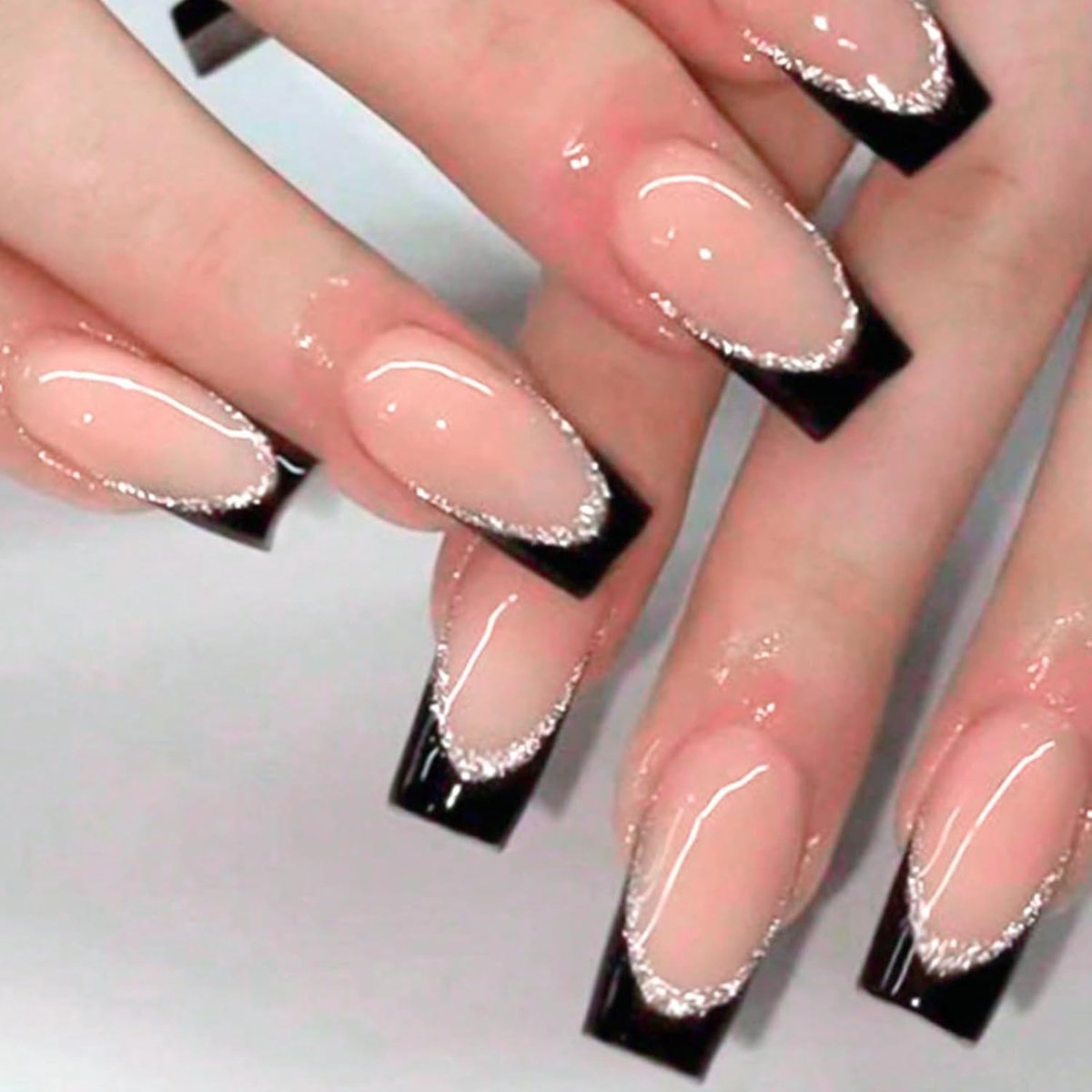 24 stuks nagels om op te plakken, vierkant, middellang, zwart, French press on nails, zilver, glitter, acryl, kunstnagels, natuurlijke ballerina, vingernagels om op te plakken, voor dames en