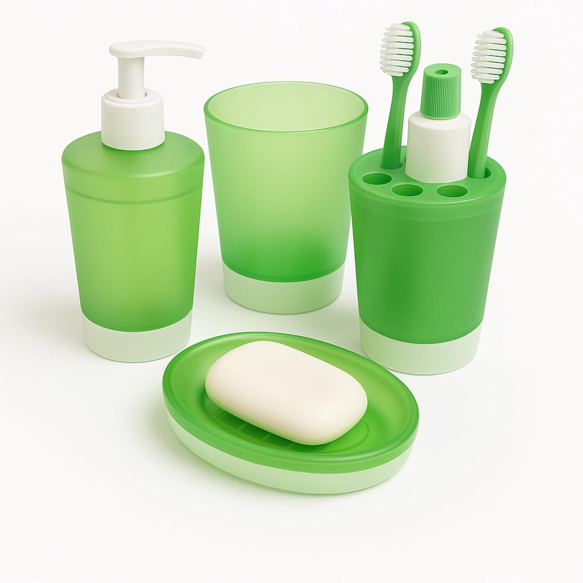 Badkamerset, 4-delig, onbreekbaar plastic: zeepdispenser voor badkamer, zeepbakje, beker, tandenborstelhouder, badkamerset voor kinderen en volwassenen, badkameraccessoires met