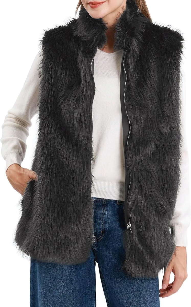 Bontvest voor dames, bontjas, lang vest, kunstbont jas, mantel winter herfst, mouwloos, pluche mantel, kunstbont, vest, elegant, damesvesten met zakken en ritssluiting
