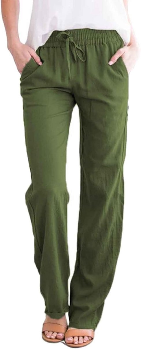 Damesbroek met zakken en trekkoord, zomer, casual, brede broek van katoen en linnen, elegant, comfortabel, strand, elastische broek met rechte pijpen