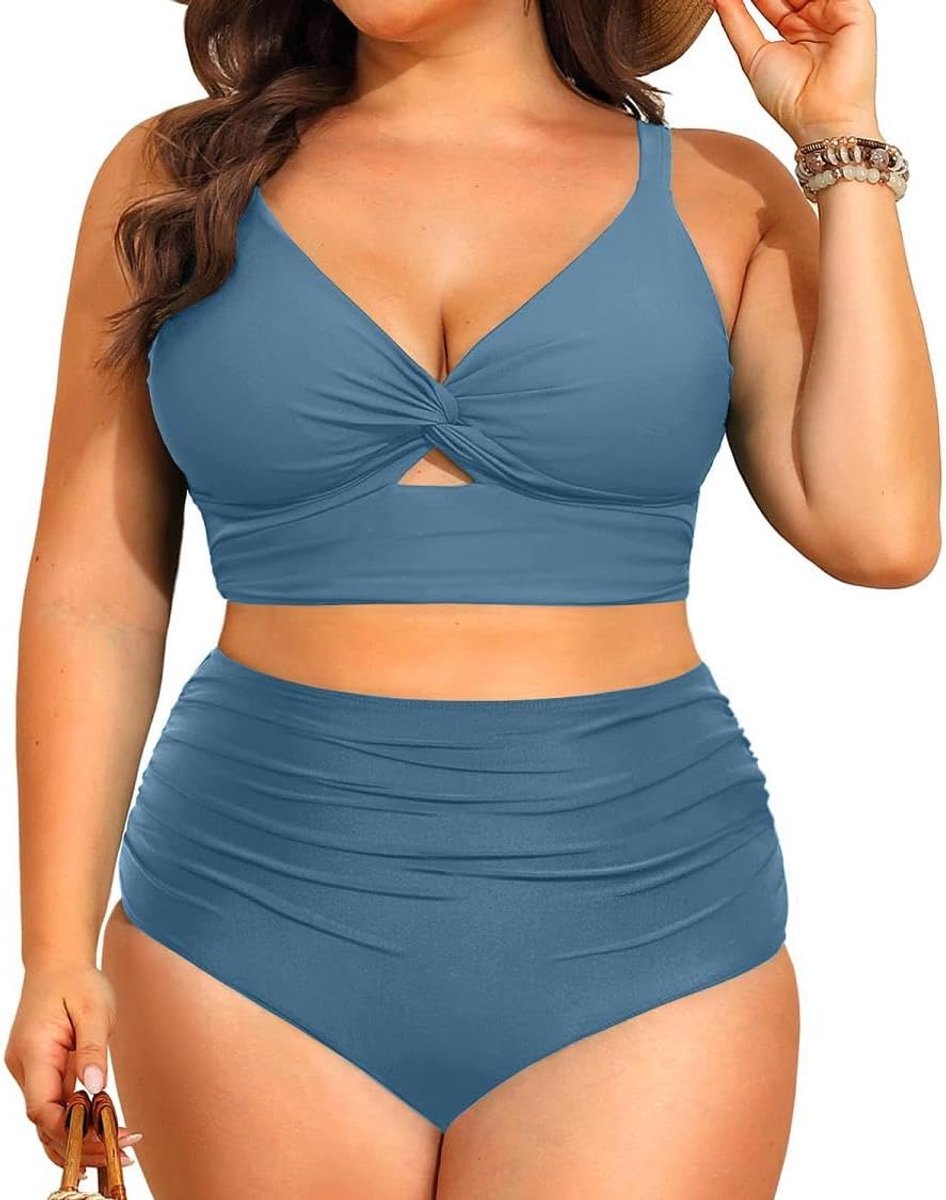 2-delige plus size badpak push-up bikini sets voor vrouwen hoge taille buikcontrole zwemshorts twist knoop badmode ruches badpakken