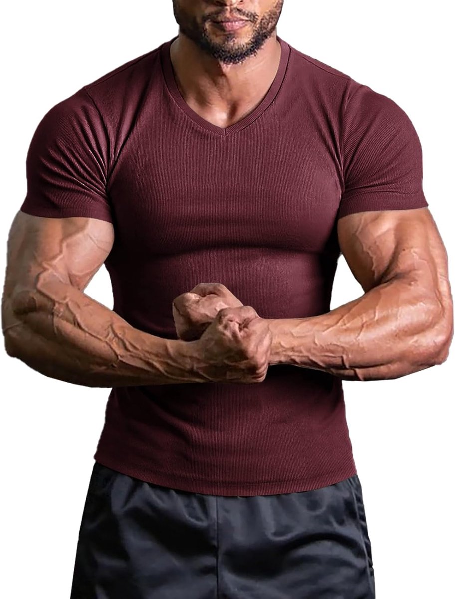 Cmdr Heren Slim Fit V-hals Korte Mouw Spier Shirts Workout Atletische Gym Bodyduilding Ondershirts Casual Geribbelde Top